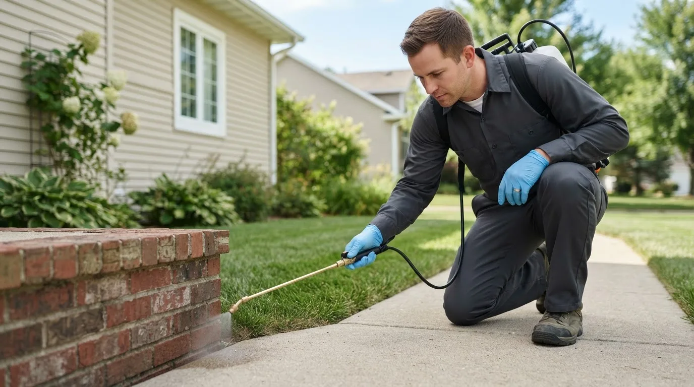 Pest control technician treating a home near New Liberty, KY